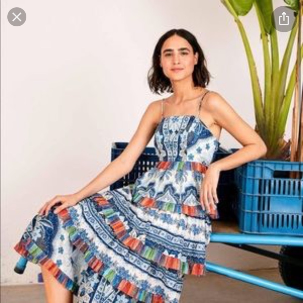 Farm Rio Blue Palms Frilled Skirt Tiered Midi